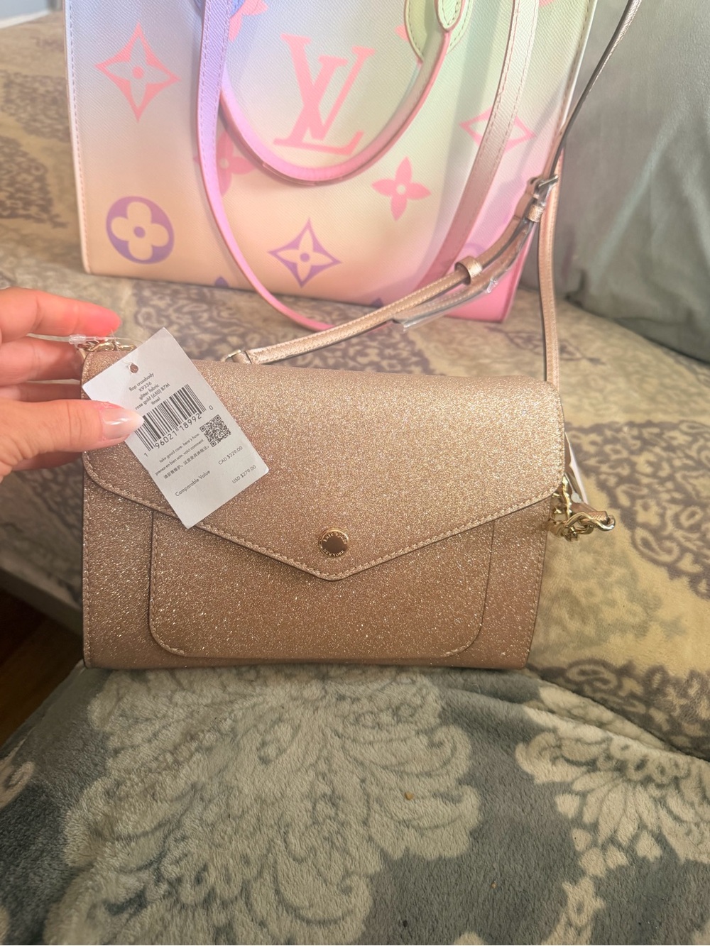 Kate Spade NWT Rose Gold Glitter Envelope Crossbody Bag & Wallet Bundle